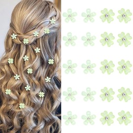 YISSION 20 Pcs Mini Flower Hair Clips with Rhinestone Cute Decorative Hair Pins Small Wedding Hair Barrettes Light Green Hair Clips Bridal Flower Girl Hair Accessory (2 Patterns)