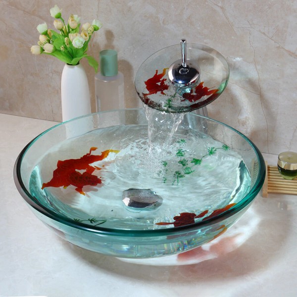 Ouboni FA Bathroom Bowl Tempered Glass Vessel Sink Faucet Pop-up