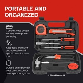 Pursonic Multi-Piece Household Tool Sets - Essential DIY Solutions for Home and Auto Maintenance (9 Piece Set)