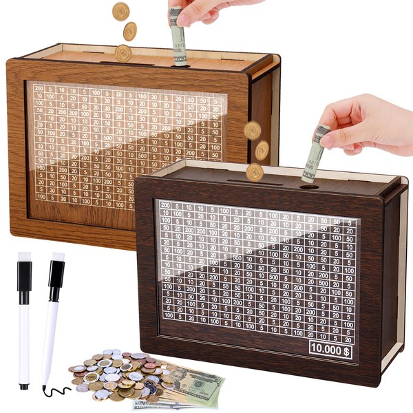 2PCS Cash Vault Wooden Savings Box 10000 The Challenge Piggy