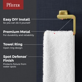 Pfister Vaneri Towel Ring, Hand Towel Holder for Bathroom, Wall-Mounted, Screw-in, Brushed Gold Finish, BRBVRI0BG