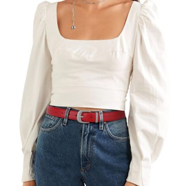 WHIPPY Leather Belts for Women Casual Waist Belt with Vintage Silver Buckle Ladies Fashion Belt for Jeans Pants, Red, XL