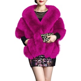 UMREN Women's Luxury Party Faux Fox Fur Long Shawl Cloak Cape for Winter Fuchsia A