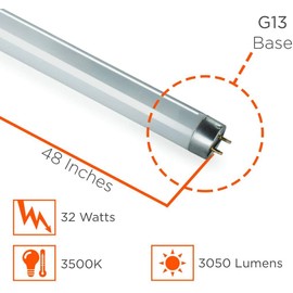 GoodBulb 32W 48 Inch T8 Fluorescent Light Bulb | 3500K Soft White Light, Medium Bi-Pin Base | 3050 Lumens 86 CRI 24000 Life Hours | 25 Bulbs Pack