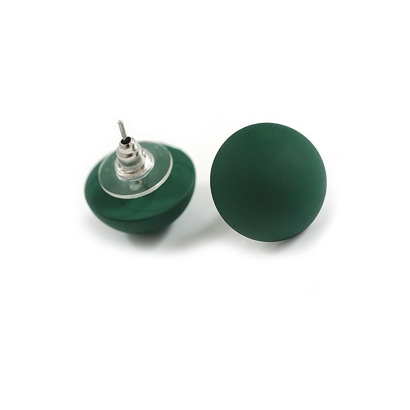 15mm Diameter Dark Green Matte Acrylic Button Shaped Stud Earrings