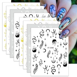 Jremg Black Snake Nail Art Stickers Retro Moon Star Snake Nail Decals 3D Self-Adhesive Black White Snake Flame Nail Design Gold Silver Leaf Nail Art Supplies for Women Girls Nail Accessories 8 Sheets