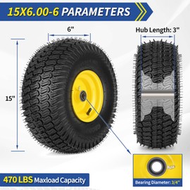 GICOOL 15x6.00-6nhs Lawn Mower Tire Assembly, 15x6-6 Riding Lawnmowers and Tractor Pneumatic Tire and Wheel, with 3/4" Bearing Bore, 3" Centered Hub, S-Turf Pattern, 2 Pack