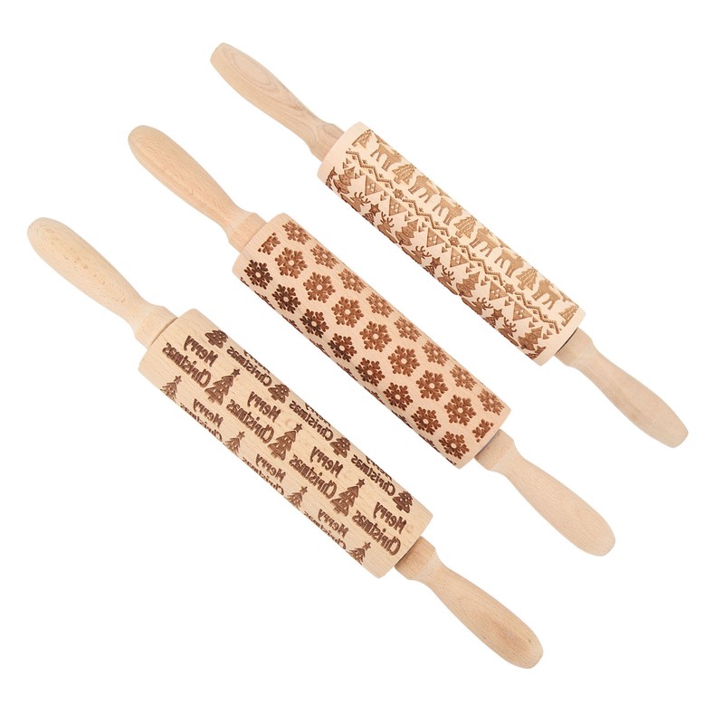 3Pcs Wooden Embossed Rolling Pin Cute Christmas Pattern Engraved Embossing