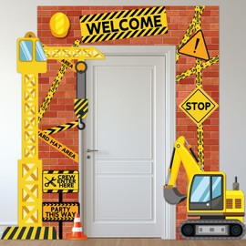 Construction Porch Sign Banner Construction Truck Party Hanging Backdrop Building Theme Door Decoration Background Yellow Excavator Truck Birthday Photo Props Party Decor for Baby Shower Home Supplies