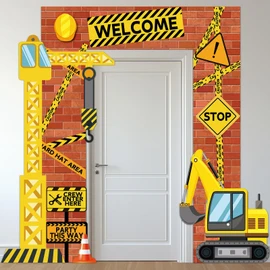 Construction Porch Sign Banner Construction Truck Party Hanging Backdrop Building Theme Door Decoration Background Yellow Excavator Truck Birthday Photo Props Party Decor for Baby Shower Home Supplies