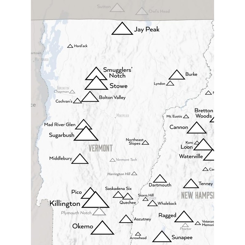 New England Ski Resorts Map 18x24 Poster (White & Gray)