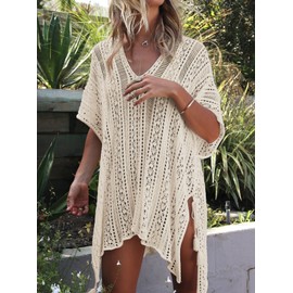 Jeasona Women’s Bathing Suit Cover Up Beach Bikini Swimsuit Swimwear Crochet Dress (Beige, M)