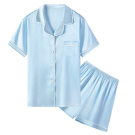 Umeyda - Conjunto de pijama para mujeres y niñas, satén suave, ligero, con botones, parte superior con pantalones cortos, pijama de 2 piezas para mamá y niños, azul (blue sky), 3 Años/4 Años