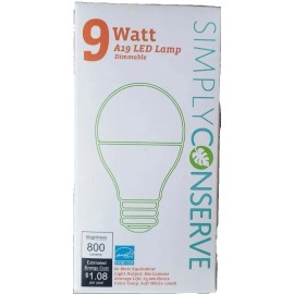 Simply Conserve LED Light Bulb, A19 Lamp 800 Lummens, Dimmable, Soft White, 9 Watt (60W Eqv).