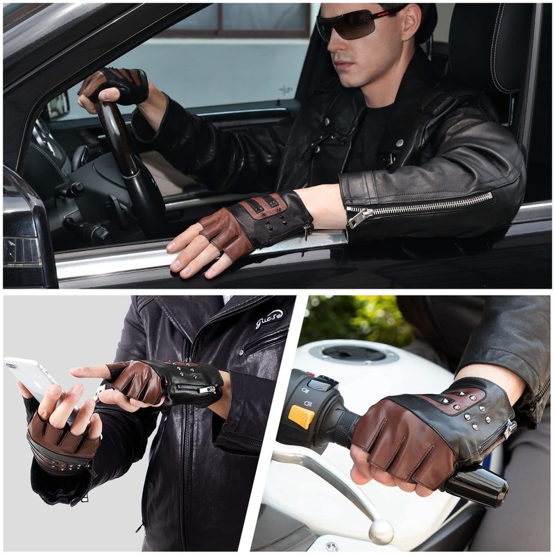 FIORETTO Mens Genuine Leather Fingerless Gloves Unlined Half Finger Punk