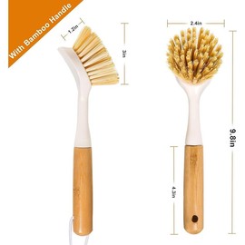 2 Pack Kitchen Dish Brushes with Bamboo Handle, Dish Scrubber Built-in Scraper, Scrub Brush for Pans, Pots, Counter & Kitchen Sink Cleaning, Dishwashing and Cleaning Brush Tools, White - Color: Gray