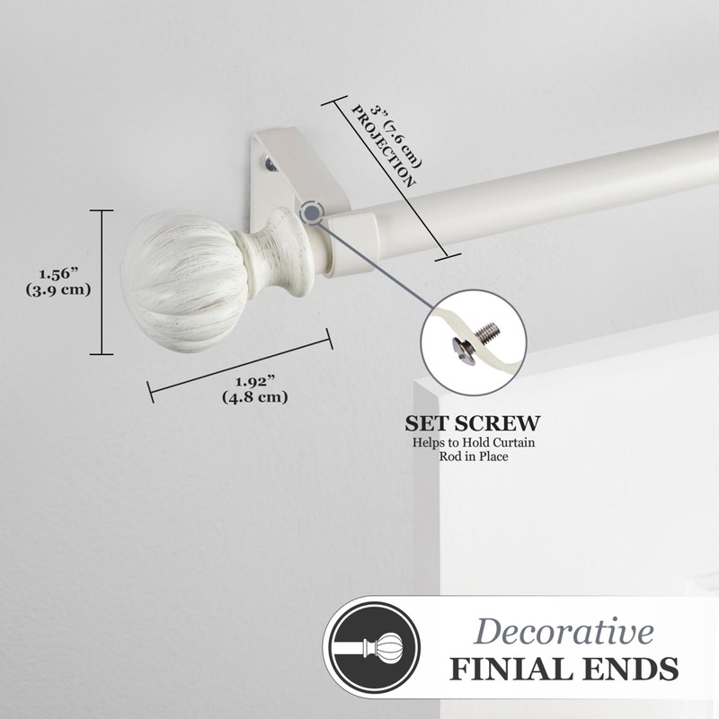Kenney Rachel Fluted Ball Window Curtain Rod, Adjustable 28-48 Inch,