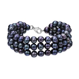 Lavari Jewelers Black Pearl One Two or Three Row Bracelet for Women in 925 Sterling Silver I 7.25 Inch with Lobster Claw Clasps I 7 mm to 21 mm Wide Round Pearl Bracelet, 7.25 inches, Metal, Pearl