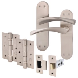 EAI Satin Door Handle Latch Set - 1 Pair Satin Nickel Internal Handles on Backplate with Latch 64mm & Hinges 76mm - Novoli Range