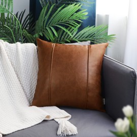 BRAWARM Brown Leather Throw Pillow Covers 20 X 20 Inches - Faux Leather Pillow Cover with Piping, Hand Stitched Leather Throw Pillow for Couch Sofa Bed Living Room Home Decorative