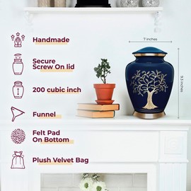 Trupoint Memorials Cremation Urns for Human Ashes, Tree of Life Decorative Burial Urn for Adult Men and Women, Large Blue