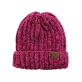 C.C Unisex Chenille Soft Warm Stretchy Thick Cuffed Knit Beanie Cap Hat-Hot Pink