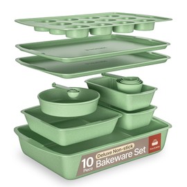 Green 10-Piece Bakeware Sets, Nonstick Carbon Steel Baking Sheet & Pans, Stackable Space-Saving Bakeware, Dishwasher Safe, Stain-resistant, PFOAPFOSPTFE Free, Oven Safe Up To 450°F (230°C)