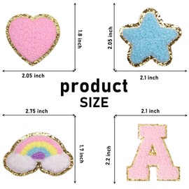 BoAn 76 Pcs Chenille Patches for DIY Clothing Self Adhesive, Include 26 Letter Lightning Rainbow Bow Heart Star Flower Patches for Backpacks T-Shirt Hats Bags Jackets