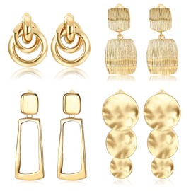 JeryWe 4 Pairs of Gold Earrings for Women Statement Earrings Geometric Dangle Rectangular Tassel Teardrop Square Metal Round Drop Pendant Fake Earrings Ear Clips Without Pierced Earrings, Metal