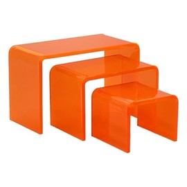 Acrylic Display Risers – 3‑Piece Extra‑Small Riser Set (2×2×1.5, 3×2×2, 4×2×2.5) – Clear 1/8" Acrylic Stands for Jewelry, Crystals, Mini Collectibles, Craft Shows (Neon Orange)