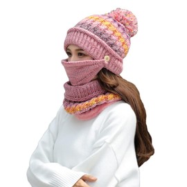 ITODA Women Knitted Hat Scarf Set Winter Thick Crochet Bobble Hat Pom Pom Slouchy Beanie Hat Ski Cap with Fleece Lining for Outdoor Sports Ski Snowboard Cycling Running Skating