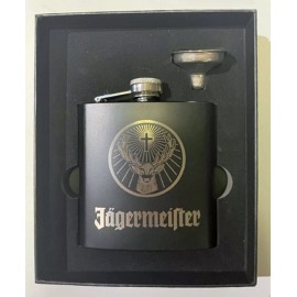 JDS INDUSTRIES Jagermeister 6 oz black stainless steel flask w optional presentation box - Black box w funnel