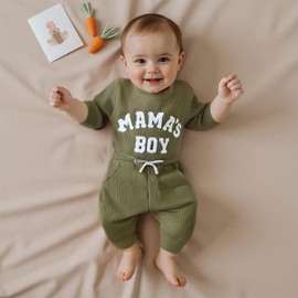 Newborn Boy Clothes Mamas Boy Baby Grow Waffled Long Sleeve Onesie Romper with Elastic Drawstring Pants for Infant Boys Spring Autumn 2Pcs Outfit Clothing Sets (Army Green, 0-3 Months)