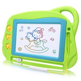 Travel Size Magnetic Drawing Doodle Board for Toddlers, Colorful Writing Tablet-Mini Erasable Etch Sketching Pad with 3 Stamps and 1 Pen Educational Toys for Kids 1 2 3 4 - Green