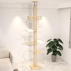 Tall Cat Tower Floor to Ceiling Cat Tree with Natural Sisal Rope Scratching Post/Pedal/Fenced/Transparent Cat Bed,Height 82-117 inch, Adjustable Tall Cat Climbing Tree,Multi-Style (Deluxe Style 4)