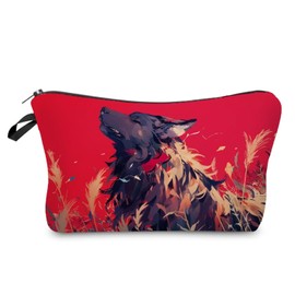 Livel lhood Wolf Makeup Bag Red Background Small Organizer Bag Toiletry Zipper Pouch Wolf Painting Cosmetic Bag Birthday Present for Wolf Lovers Women Friends, hzt0657