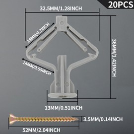 Auvotuis 20Pcs Drywall Anchors with Screws, Self-Drilling Hollow Wall Anchors Butterfly Expansion Plugs, Heavy Duty Plastic Anchors kit for Curtain Plasterboard Wall Installation (Grey)