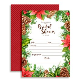 Rustic Poinsettia, Pinecone and Holly Christmas Bridal Shower Invitations, 20 5"x7" Fill in Cards with Twenty White Envelopes by AmandaCreation