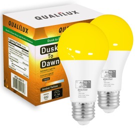 Qualilux Dusk to Dawn Bug Light Bulbs Outdoor, 1900K Amber Yellow, 600 Lumen, LED 9.5W, A19 E26, 2-Pack, HQ-H017