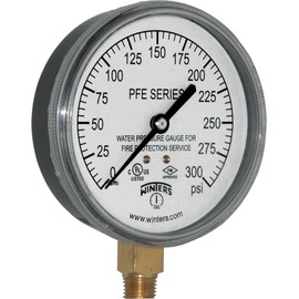 Winters PFE Series Single Scale Sprinkler Pressure Gauge, 3-1/2" Dial, 0-300 psi Range, +/-3-2-3% Accuracy, 1/4" Male NPT Bottom Connection, For Water Media