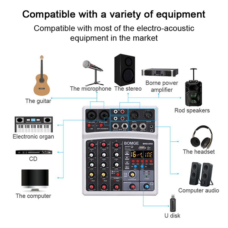 Portable 4 Channels BT Audio Sound Mixer Multifunctional Mixing DJ
