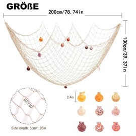 Fischernetz Deko,Fischnetz Dekoration mit Muscheln Dekoratives Fischernetz Baumwollseil Fotowand Wand Deko im Mittelmeerstil für Fotowände,Zuhause,Partys und Hochzeiten(1M x 2M）Fish Net Décor Blue