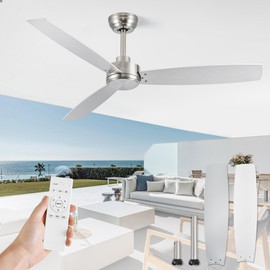 ZMISHIBO 52 Inch Ceiling Fan with Remote No Light, Brushed Nickel & White Outdoor Ceiling Fans with Quiet Reversible DC Motor, 6 Speeds, 3 Blade Modern Ceiling Fan for Patio Living Room Bedroom Indoor