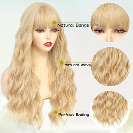 NAYOO Blonde Wigs with Bangs Long Wavy Wigs for Women 26 Inches Synthetic Heat Resistant Wig Natural Looking Realistic Wigs for Daily Party Use（Blonde）