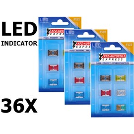 Assortment, LED status micro low profile car fuses, F132, set of 36, 5A-30A