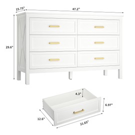 BAZELOR Farmhouse 6 Drawers Dresser for Bedroom, Wood Rustic Wide Chest with Gold Handles, Wood Dressers for Bedroom, Hallway, Entryway, White