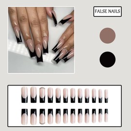 French False Nail Tips - 24Pcs Full Cover False Long Press on Nails - Black Square Stick on Nail - French Fake Artificial Nails for Women and Girls Nail Art