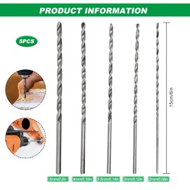 Long Drill Bits Wood, 5 Pcs Extra Long HSS Metal Twist Drill Bits Set 150mm High Speed Spiral Steel Bit for Wood Metal and Plastic (2-5mm)