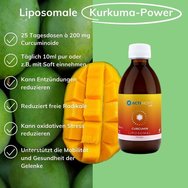 Curcumin | Flavour: Mango | 25 Daily Doses of 200 mg Curcuminoids | Vegan | 250 ml | High Dose & Laboratory Tested | Turmeric | More Effective than Capsules & Powder | Liposomal | Gluten Free | Made