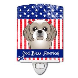 Caroline's Treasures BB2180CNL American Flag and Gray Silver Shih Tzu Ceramic Night Light Compact, UL-Certified, Ideal for Bedroom, Bathroom, Nursery, Hallway, Kitchen, 6x4x3, Multicolor
